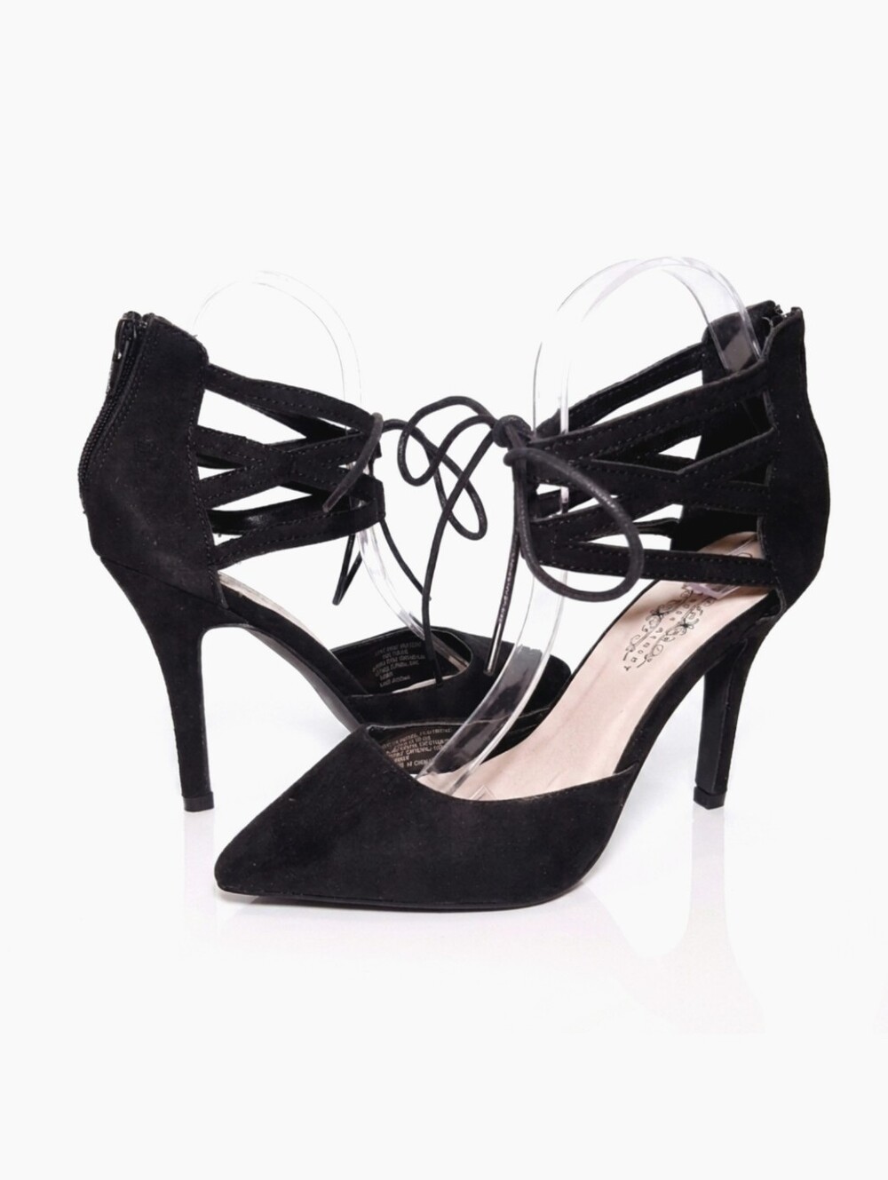 Charles Albert Faux Suede Lace Up Strappy Heels Pointed Toe Stiletto Black 7